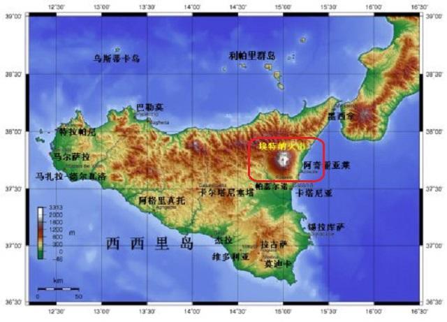 西西里岛地形图18世纪以来,火山爆发更加频繁,1950-1951年间,火山连续