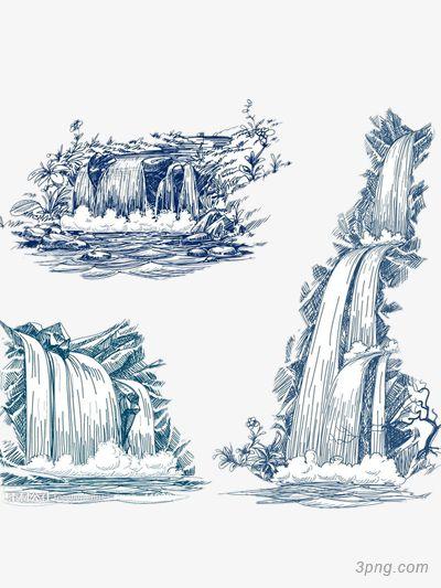 风景瀑布png素材透明免抠图片卡通手绘