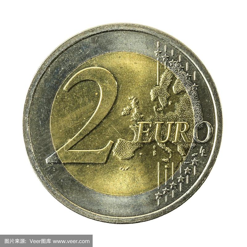 2欧元硬币正面孤立在白色背景