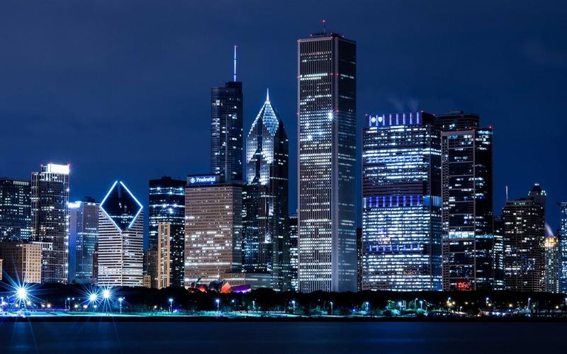 美国,伊利诺伊州,芝加哥,摩天大楼,城市夜景灯光 壁纸