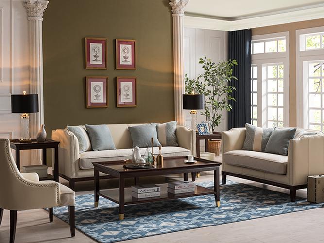 威灵顿家具美式客厅沙发简美皮艺沙发美式皮布沙发组合客厅实木沙发
