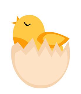 雏鸟破壳而出,从鸡蛋, 黄鸡图标, 平面样式.白色背景上的孤立.