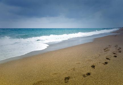 穿红色外套的小女孩在海滩上玩沙子在海滩上的沙子的人类脚印火烈鸟在