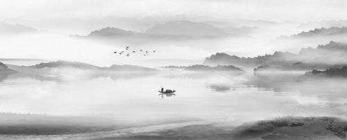 中国风水墨黑白山水画