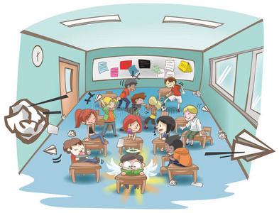 卡通凌乱的学校教室里满是淘气的孩子照片