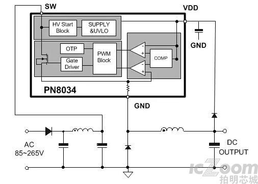 基于pn8034/pn8044 ac-dc电源芯片的3-6w高性能外围精简的12v非隔离