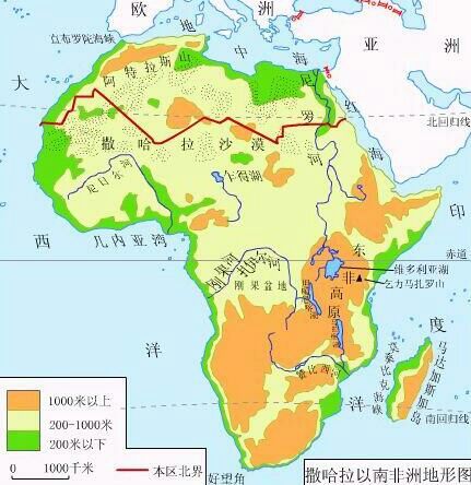 海域:大西洋 印度洋 地中海 几内亚湾 地形河流:东非高原 南非高原