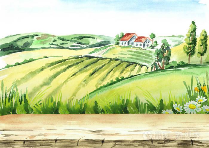 农村的老农场和田野, 以空桌为背景.水彩画手画插图