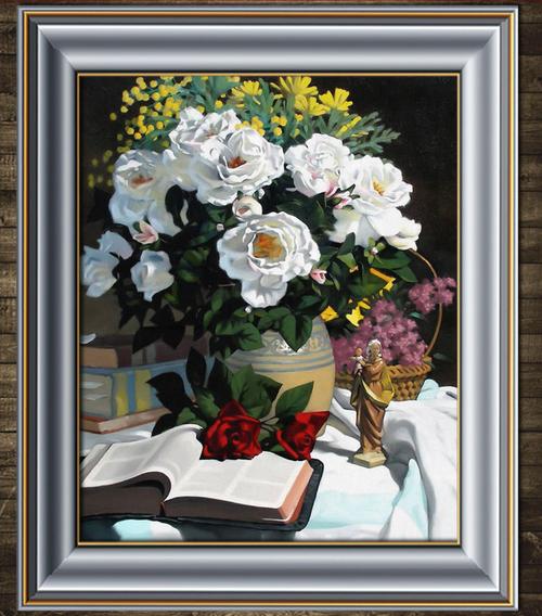 【jpg】白玫瑰与书籍装饰风格静物油画