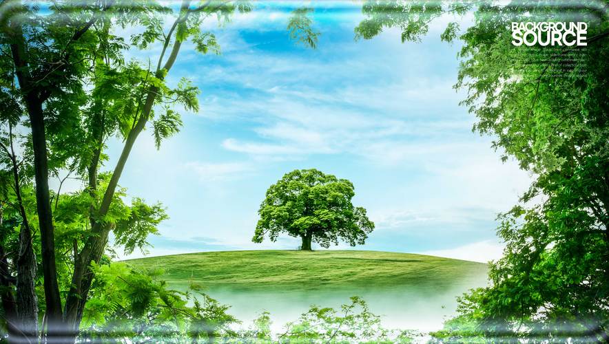 绿树蓝天美景曲屏壁纸图片psd素材