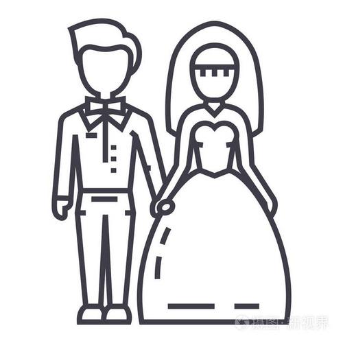 新婚夫妇,新娘和新郎矢量线图标, 标志, 插图背景,可编辑笔触插画