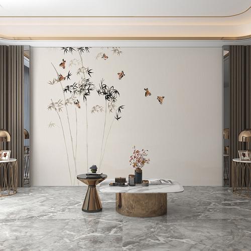 新中式花鸟壁纸轻奢客厅沙发电视背景墙竹韵墙布定制立体房间壁画