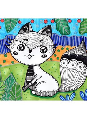 彩色线描卡通动物临摹卡少儿美术创意绘画素材范画初级儿童画卡片
