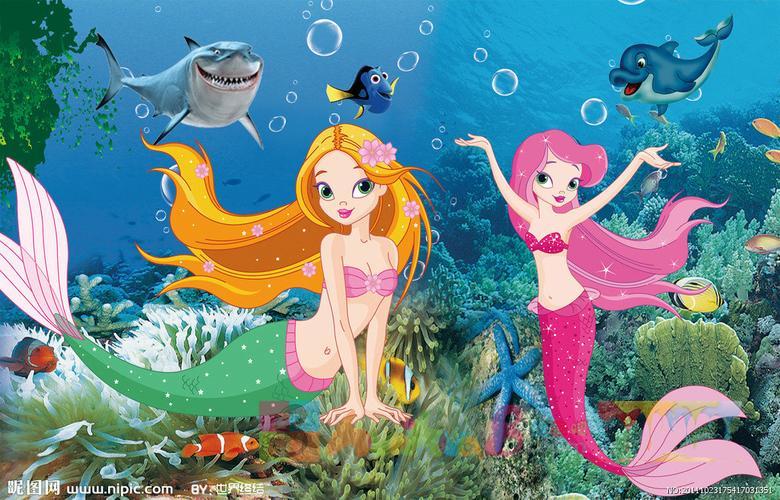 动漫海底世界加美人鱼简笔画横版