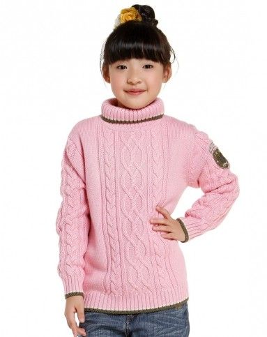 女童粉红色高领麻花长袖毛衣