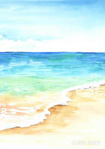夏季热带海滩金色的沙滩和波浪手绘水彩插图
