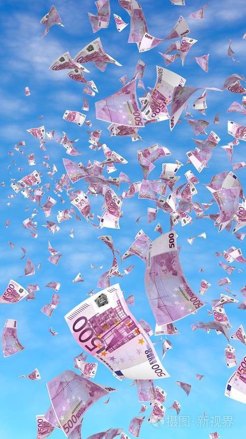天空背景下飞扬的欧元钞票钱在天上飞500欧元的颜色三维插图