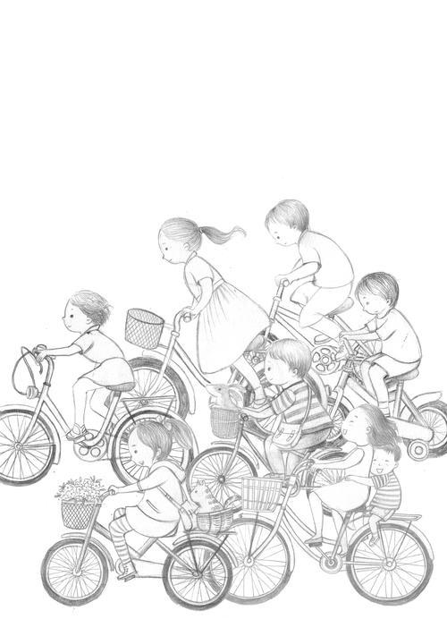 杨云骑单车的女孩图片简笔人物画,骑自行车,摩托车,垂直画幅,绘画插图