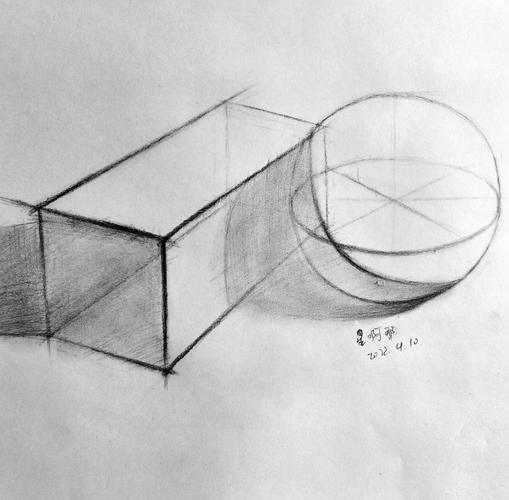 自学画两个组合结构素描长方体和球体