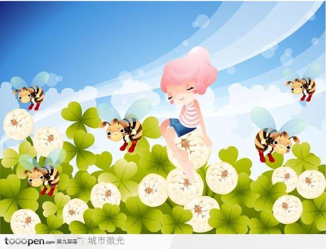 美好童年插画-坐在花蕾上看蜜蜂采蜜的女孩