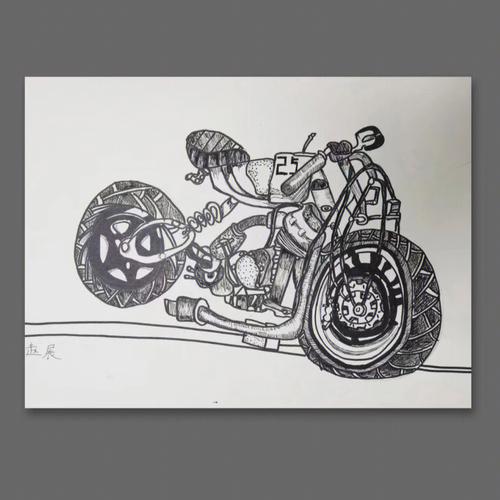 原创少儿美术线描摩托车写生