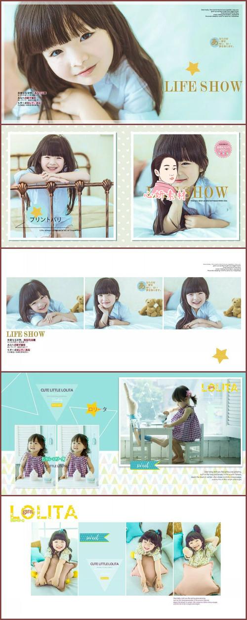 日系时尚儿童女孩写真摄影相册排版设计方版12寸影楼psd模版素材
