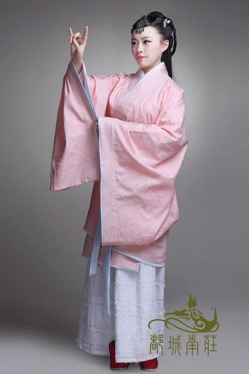 汉民族传统服饰提花棉绕襟深衣短款曲裾配白色绣花棉下裙--子 归