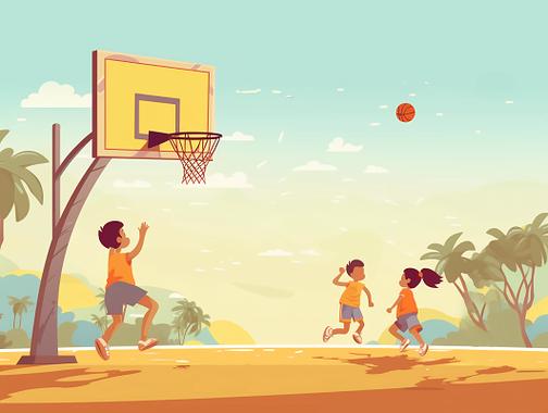 健身节插画户外阳光多人小孩打篮球场景插画海报人物插画运动健身体育