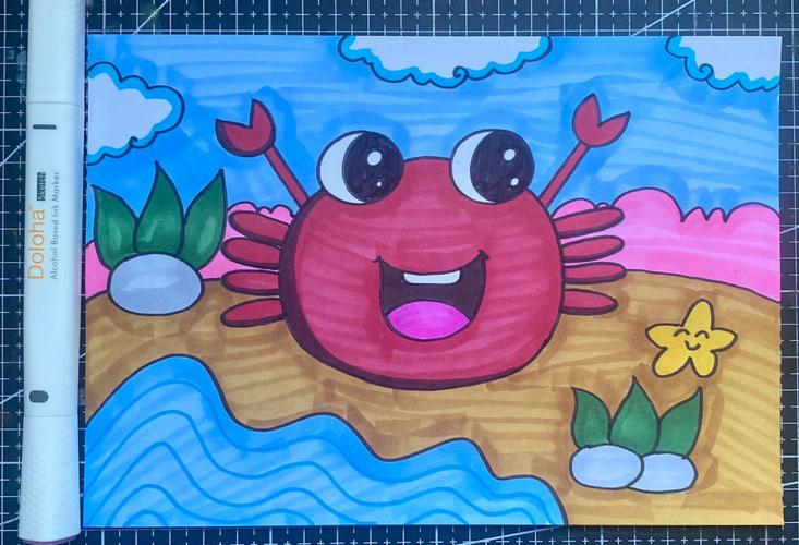 螃蟹儿童画海边螃蟹卡通画马克笔画