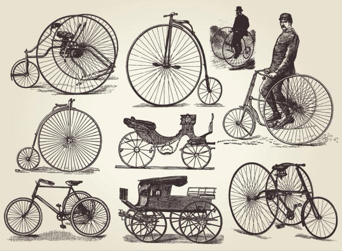 矢量设计素材复古欧洲古老交通工具马车自行车线稿eps设计素材