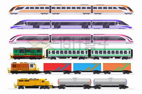 6款高铁车厢客运和货运火车车厢侧视图png图片免抠矢量素材