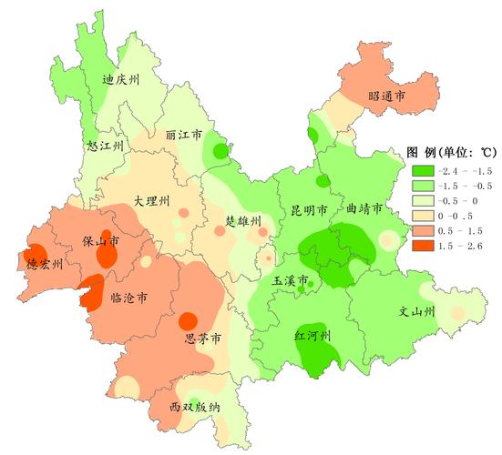 云南省2013年 月中旬气温距平分布