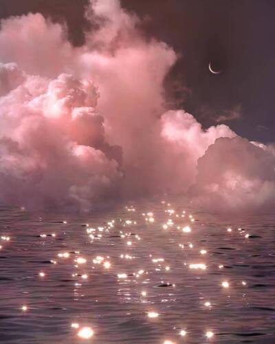 迷幻 仙气 背景 壁纸 锁屏 星空 海洋 粉色 少女 天空 月亮 风景 静物