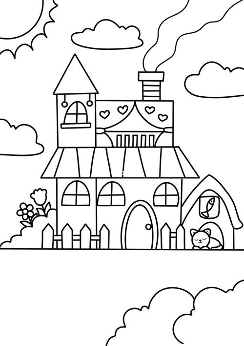 美丽的小屋房子儿童创意画带线稿