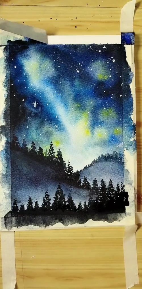 水彩#教你画夜晚的树和山.
