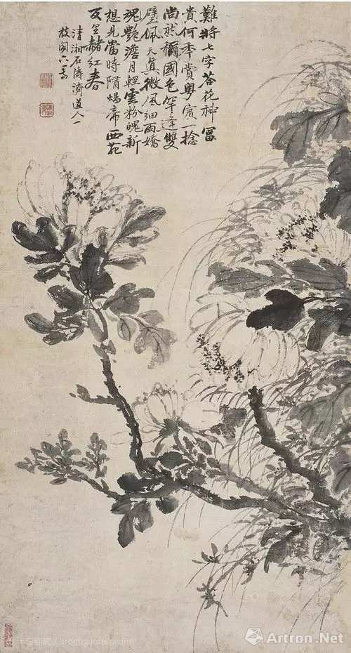 清·石涛《牡丹图》清初,牡丹绘画出现了正统画派与野逸画派两大阵营.