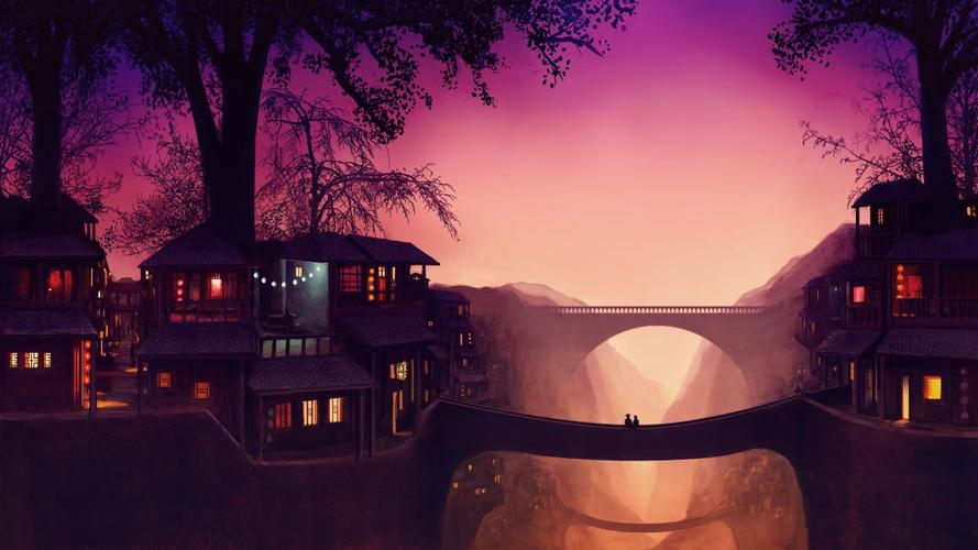 树 房屋 雾 太阳 桥 唯美梦幻风景4k图片,4k高清风景图片,娟娟壁纸