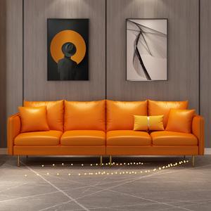 橙色沙发轻奢客厅真皮直排一字型爱马桔橙仕三人个性小户型皮橘色