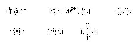 写出下列物质的电子式:(1 )kcl___,(2 )mgcl2___,(3 )cl2___,(4 )n2