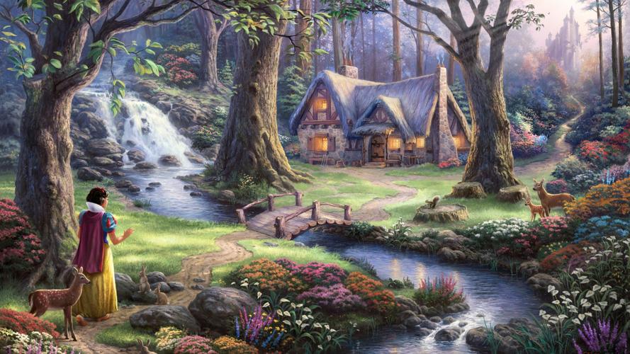 发现,森林,小房子,草木,瀑布,小溪,小路,桥,美丽梦幻风景壁纸