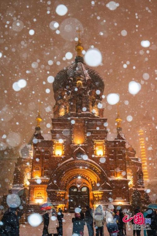 2023年11月6日,哈尔滨迎首场强降雪,游人在索菲亚教堂广场欣赏雪景.
