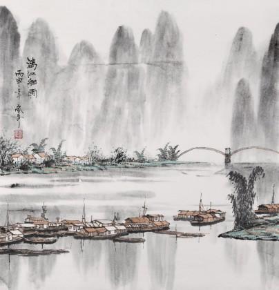 中国画山水画:一幅有许多船的山水作品