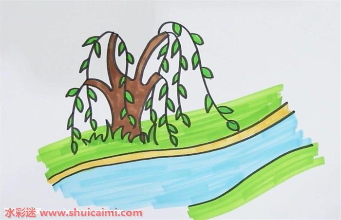 1,首先要画出柳树的树木的主干与顶上的分支,再在底部画上草丛.