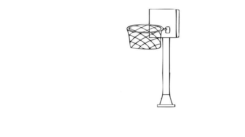 先画出篮球架画出打篮球男孩的头部,眼睛望向篮筐画男孩拿着篮球的