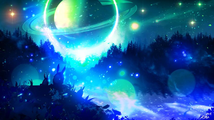 梦幻夜晚月亮星星森林风景桌面壁纸