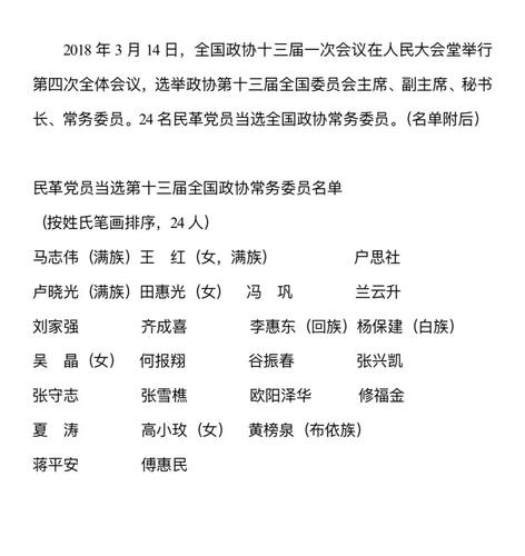 24名民革党员当选全国政协常务委员(名单)
