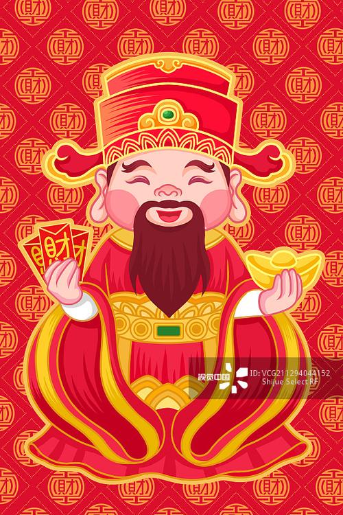 中国春节手拿红包和金元宝的财神图片素材