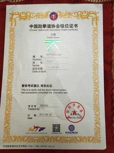 其它 荣誉证书及有关照片 写美篇中国跆拳道协会级位证书: 七级