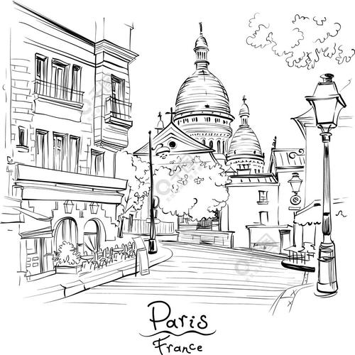 法国巴黎蒙马特区小丘广场和圣心大教堂的黑白矢量素描法国巴黎的蒙