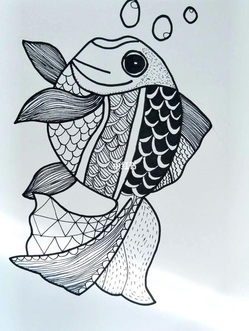 黑白装饰画线描鱼